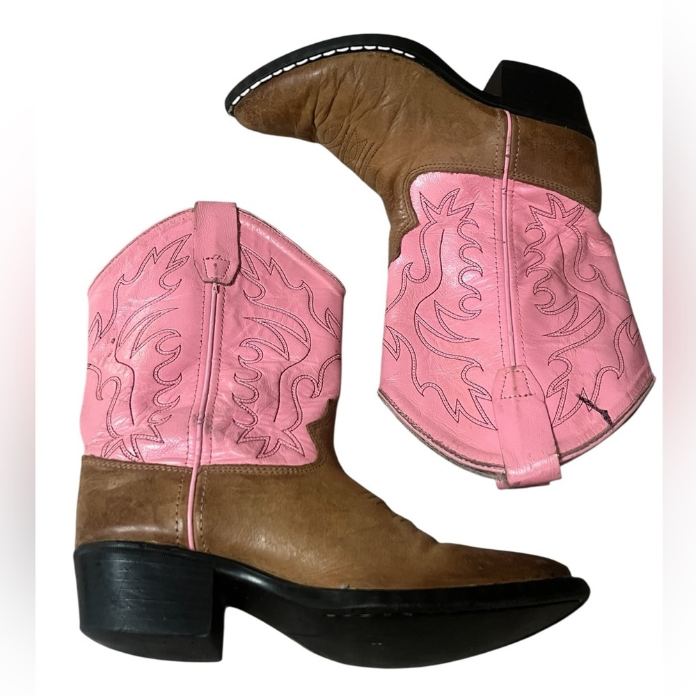 Old West girls pink and brown leather western cowboy cowgirl boots - Picture 6 of 11